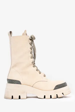 Brunello Cucinelli Cream Suede Beaded Combat Boots Size 37.5