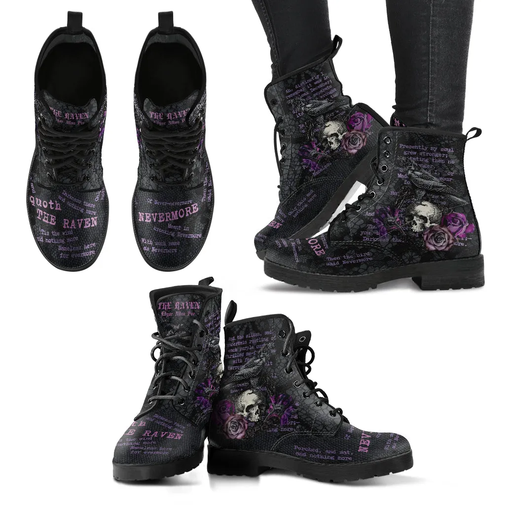 Combat Boots - Edgar Allan Poe Inspired #107 The Raven | Vegan Leather Handmade Lace Up, Custom Shoes Boho, Goth Witch Boots, Gothic Skull