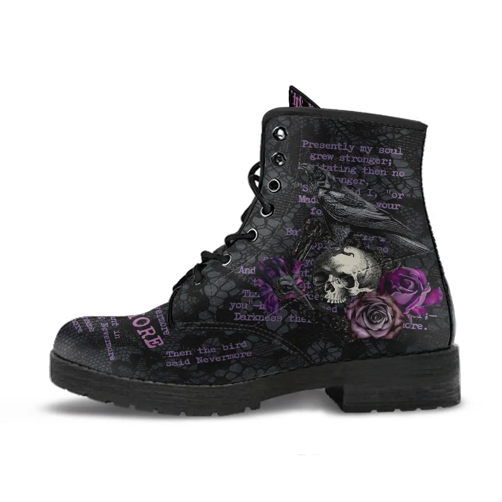 Combat Boots - Edgar Allan Poe Inspired #107 The Raven | Vegan Leather Handmade Lace Up, Custom Shoes Boho, Goth Witch Boots, Gothic Skull
