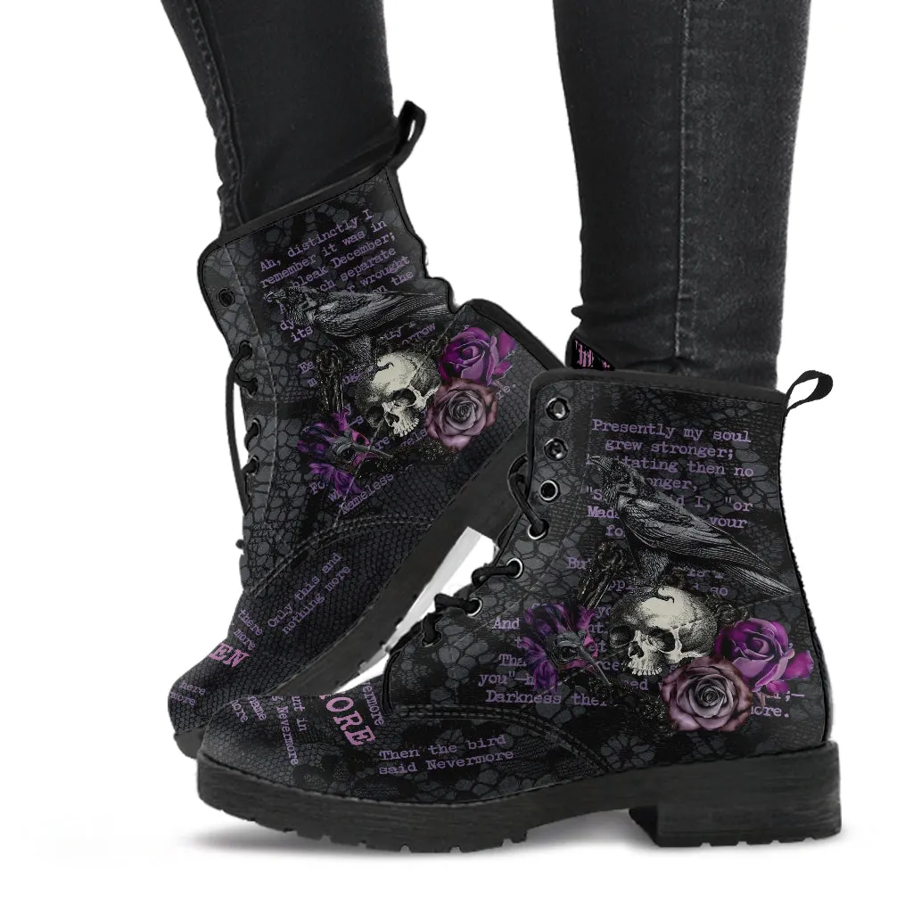 Combat Boots - Edgar Allan Poe Inspired #107 The Raven | Vegan Leather Handmade Lace Up, Custom Shoes Boho, Goth Witch Boots, Gothic Skull