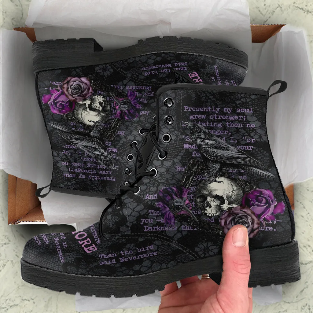 Combat Boots - Edgar Allan Poe Inspired #107 The Raven | Vegan Leather Handmade Lace Up, Custom Shoes Boho, Goth Witch Boots, Gothic Skull
