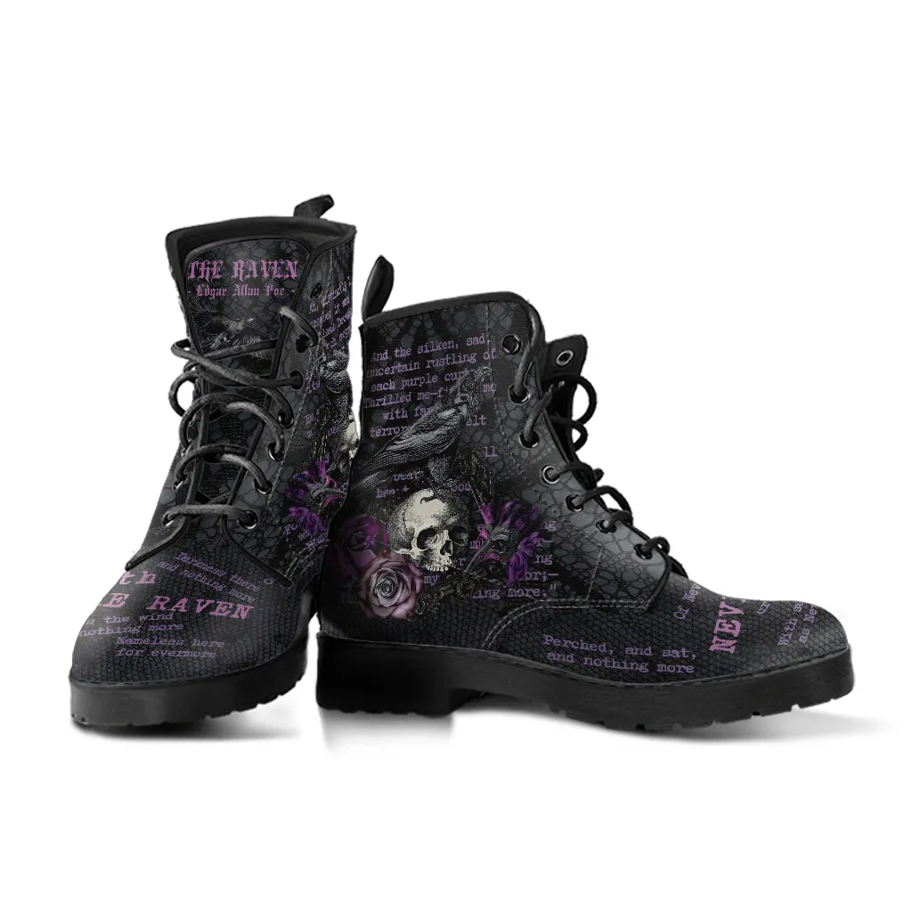 Combat Boots - Edgar Allan Poe Inspired #107 The Raven | Vegan Leather Handmade Lace Up, Custom Shoes Boho, Goth Witch Boots, Gothic Skull