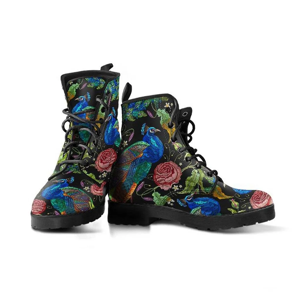Peacock Feathers  Memory Foam Boots | All Season Lace Up Boots | Vegan Leather Combat Boot by Manifestie