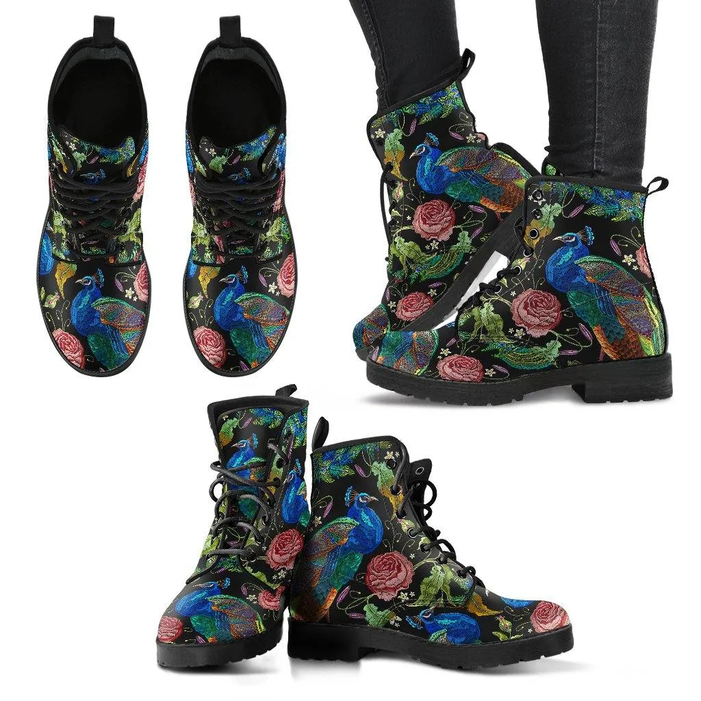 Peacock Feathers  Memory Foam Boots | All Season Lace Up Boots | Vegan Leather Combat Boot by Manifestie